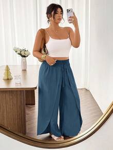 SHEIN Frenchy Plus Size Women Solid Color Split Design Casual Versatile Daily Wear Pants Fall - Navy Blue - View 6