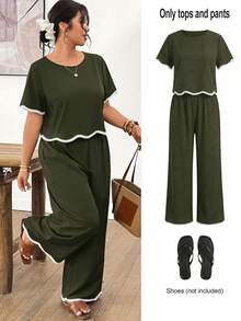 Lounesse Plus Size Women Holiday Round Neck Embroidered Ruffle Hem Blouse And Pocket Pants 2 Pieces Set - Dark Green - View 8