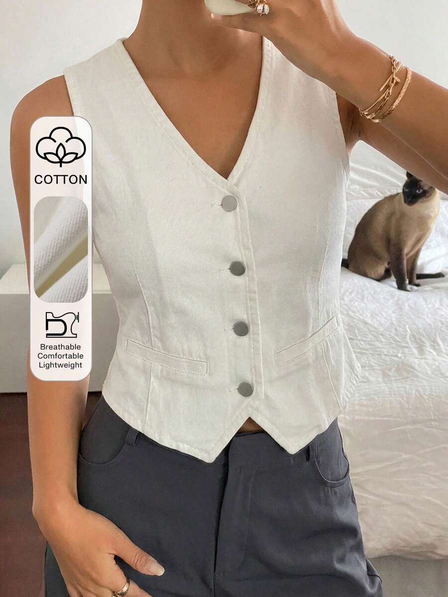 Livesso Women's V-Neck Sleeveless Denim Vest - White - View 1