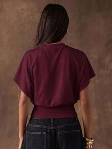 SHEIN BAE 95%纯棉短袖T恤，酒红色，适合夏季穿着 - 彩色 - 查看 2