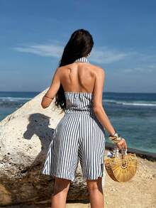 SHEIN SXY 女士单排扣条纹吊带背心和短裤套装 - 藍白色 - 查看 3
