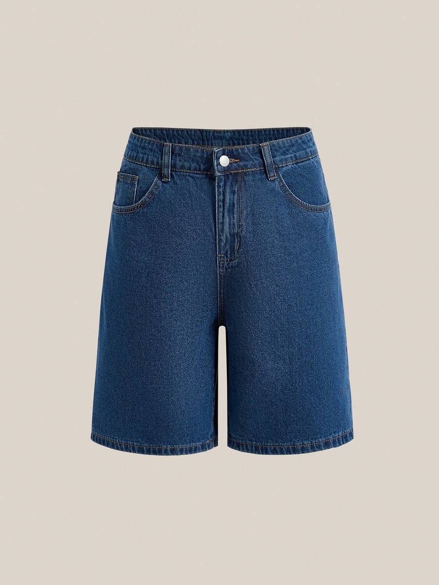 VeloEdit 男士灰色做舊牛仔寬鬆短褲 Jorts,純色深色水洗,附口袋、拉鍊與鈕扣,老錢風與男友風,夏季穿搭短褲 - 深色水洗藍 - 查看 1