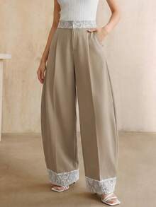 Anewsta Quần ống cong hiện đại, thanh lịch, phối ren, dáng rộng, rủ nhẹ dành cho nữ. - Màu Khaki - Xem 6