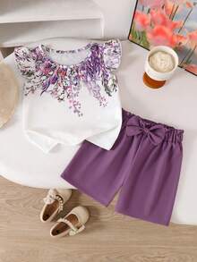 SHEIN Elladie kids Young Girl Floral Print T-Shirt + Solid Color Bow Decor Shorts Set - Purple - View 4