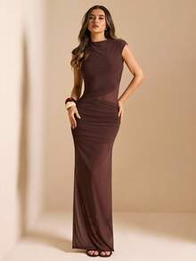 SHEIN BAE Women's Sleeveless Ruched Hem Semi-Sheer Dress, Elegant Sexy Dress, Vacation Dress Golf Pastal Summer - Brown - View 5