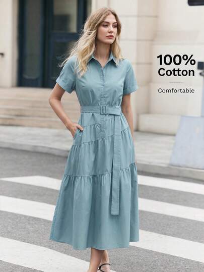 BizChic Đầm sơ mi nữ màu trơn, phong cách retro thập niên 90, cài nửa hàng khuy, thắt lưng điều chỉnh được, thiết kế phối mảnh, trang phục cơ bản hàng ngày, đầm casual mùa xuân/hè, phù hợp cho kỳ nghỉ, thư giãn mùa hè, ăn trưa ở bãi biển, đi chơi, hẹn hò, đi làm, công sở, các dịp xã giao.
