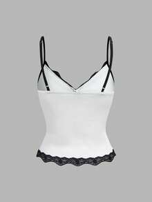 Olithes Women's Lace Patchwork Bow Decor Casual Sexy Versatile Daily Wear Camisole Golf White Summer - Black and White - View 2