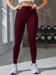 Powerista Quần legging nữ màu trơn, cạp cao, co giãn, ôm sát. - Đỏ - Xem 4