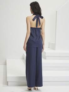 Heiryn Women's Navy Pinstripe Halter Top & Wide-Leg Pants Set - Summer, Navy, Pinstripe, Quiet Luxury, Office Chic, Vacation, Resort - Khaki - View 4