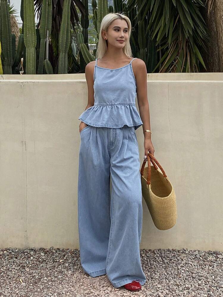 Women's Casual Vacation Style Sleeveless Dress And Straight Leg Jeans Set, Spring/Summer