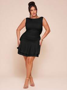 SHEIN BAE Plus Size Women Sleeveless Solid White Ruched Back Bow Decor Mini Dress - Black - View 3