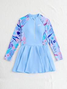 SHEIN Áo tắm liền thân dài tay in hoa dành cho thiếu nữ, thích hợp cho kỳ nghỉ biển, tiệc bể bơi, tiệc bãi biển. - Màu xanh lam - Xem 5