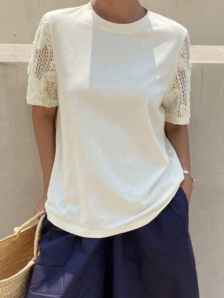 Women's Contrast Lace Loose Casual T-Shirt, Suitable For Business, Commute, Vacation And Beach, Spring & Summer