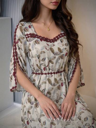 Yasmyna Women's Floral Print Split Sleeve Elegant Arabic Style Dress