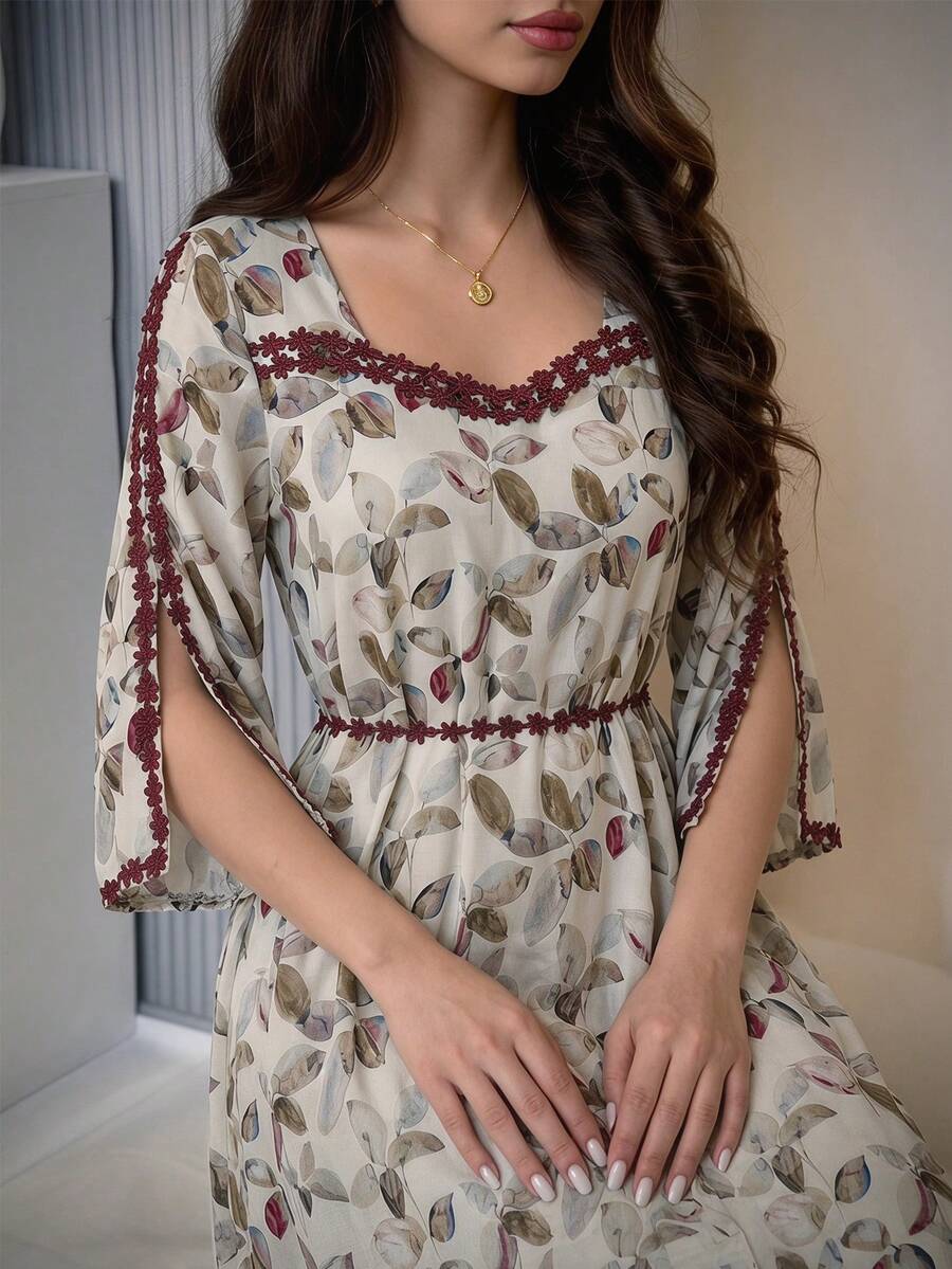 Yasmyna Vestido elegante de estilo árabe con estampado floral y mangas divididas para mujer - Multicolor - Ver 1