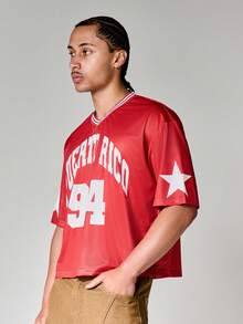 SUMWON Puerto Rico 94 Graphic Cropped Mesh Jersey V-Neck Short Sleeve Boxy Fit T-Shirt With Star Sleeve Print - Red - View 6