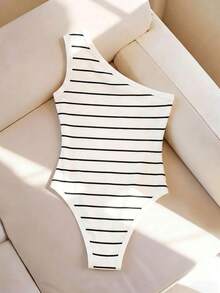 SHEIN Franclia Áo liền thân không tay dành cho nữ, kiểu dáng gợi cảm với vai lệch bất đối xứng, ôm sát, chất liệu co giãn, họa tiết sọc, cài nút bấm, thích hợp mặc trong nhà. - Đen và trắng - Xem 2
