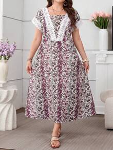 Lacomfia Summer Contrast Lace Trim Ditsy Floral Plus Size Women Dress - Multicolor - View 4