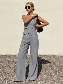 DAZY Women's Denim Bib Top And Loose Wide-Leg Pants Casual Denim Suit - Blue and White - View 6