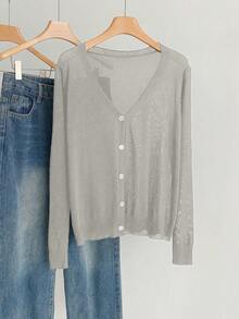 Calvaya Áo khoác cardigan dệt kim dài tay, cài một hàng cúc, thời trang, đa năng dành cho nữ cỡ lớn, thích hợp cho kỳ nghỉ. - Màu Xám nhạt - Xem 1