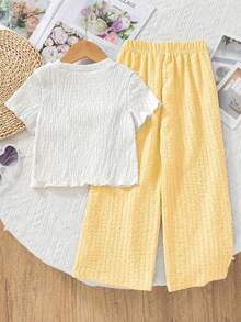 Genkimix Kids 2pcs/Set Kaos Bertekstur Anak Perempuan dengan Dekorasi Bunga 3D & Celana Panjang Kasual, Cocok Untuk Acara Santai dan Jalan-jalan - Kuning - View 2