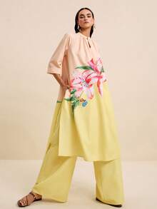 LOTSLUV Women's Elegant Pink Floral Golden Yellow Floral Print 2-Piece Set, Round Neck Loose Blouse Straight Leg Pants, Vacation Outfit Autumn - Multicolor - View 1