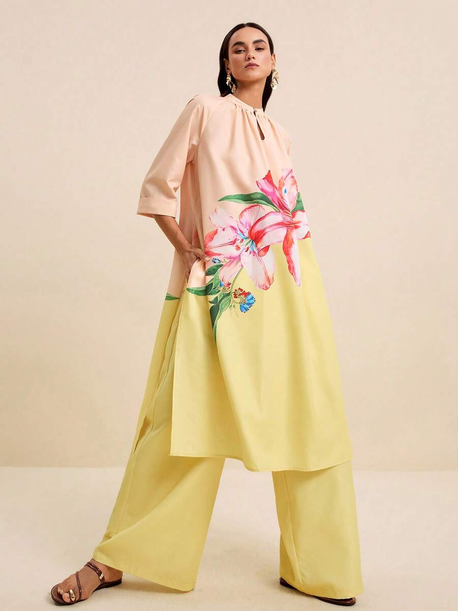 LOTSLUV Women's Elegant Pink Floral Golden Yellow Floral Print 2-Piece Set, Round Neck Loose Blouse Straight Leg Pants, Vacation Outfit Autumn - Multicolor - View 1
