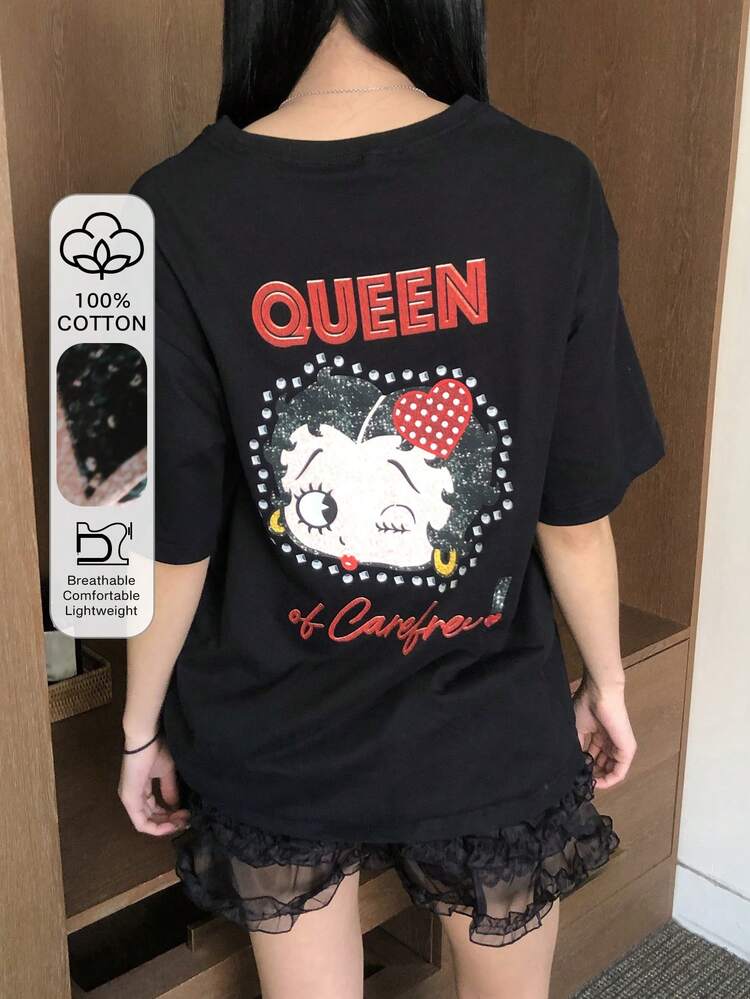 Women's Casual Fashionable Street Wear Cartoon Character & Letter Print Loose Fit Black T-Shirt, Suitable For Daily Commute In Summer