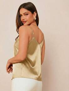 Amorya Áo hai dây satin màu xanh thanh lịch dành cho nữ, cổ ren, đa năng, thích hợp mặc vào mùa xuân/hè hoặc mặc lót bên trong vào mùa thu/đông. - Lạc đà - Xem 2