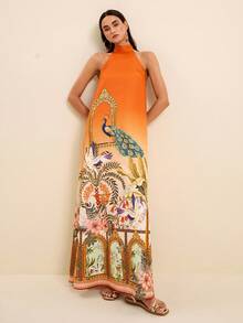 LOTSLUV Women's Orange Summer Boho Tropical Casual Elegant Dress, Ombre Print With Halter Neck Tie,Peacock,Floral Architecture Prints Vacation - Multicolor - View 6