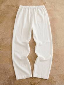 AKNOTIC Quần dài nam dáng suông dệt trơn màu trơn, chất liệu giả linen, phong cách thường ngày, đi học, mùa thu, linen, đi du lịch, quà tặng Ngày của Cha - Cocoa - Xem 3