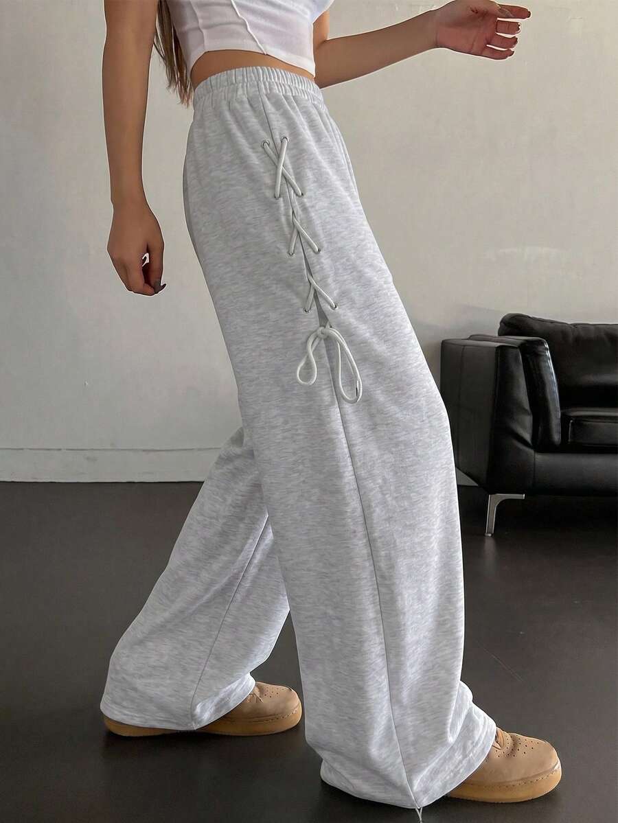 DAZY Quần ống rộng nữ dáng suông, cạp chun có dây rút, kiểu dáng thường ngày, thích hợp cho mùa hè. - Xám - Xem 1
