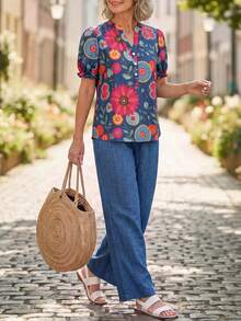 EMERY ROSE Purple Floral Shirt And Solid Color Pants Set For Middle-Aged And Elderly Women Holiday Summer Casual Modest - Multicolor - View 4