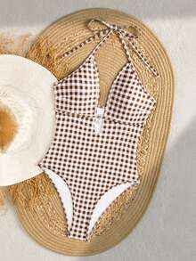Swim Mod Traje de baño de una pieza con espalda hueca, tirantes finos y estampado de patrones azul y blanco para mujeres, verano y vacaciones en la playa 2026 - Marrón - Ver 6