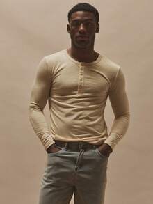 Musero Blusa de manga larga, cuello redondo, con botones, de estilo casual, esencial para primavera y verano, ideal para vacaciones - Albaricoque - Ver 1