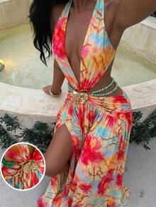 Ure Wave Orange Tie-Dye Printed Y2K Backless Metal Button Decor Spaghetti Strap Super Long Dress,Golden Yellow,Summer,Boho,Elegant,Beach Vacation,Holiday - Multicolor - View 6