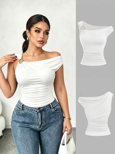 Elenzga Camiseta ajustada con cuello asimétrico talla grande, top casual versátil, primavera/verano