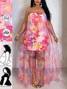 SHEIN CURVE+ Vestido Corpete Multicolorido de Malha com Camada Dupla, Elegante, Casual e Sexy, Novidade Primavera/Verão 2025, Plus Size - Multicolorido - Visão 1