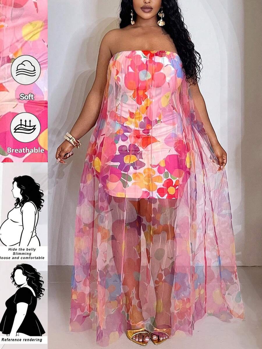 SHEIN CURVE+ Vestido Corpete Multicolorido de Malha com Camada Dupla, Elegante, Casual e Sexy, Novidade Primavera/Verão 2025, Plus Size - Multicolorido - Visão 1