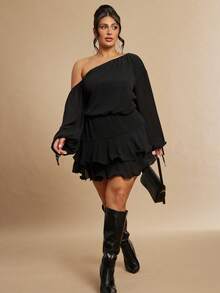 SHEIN BAE Combinaison femme grande taille noire à épaules asymétriques et volants asymétriques - Noir - Voir 4