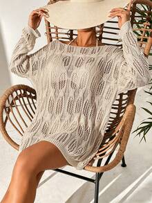 EMERY ROSE Vacation Beach Solid Color Hollow-Out Knit Cover-Up Beige Autumn Boho - Apricot - View 3
