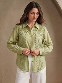 Anewsta Blusa de alta calidad con pliegues, patchwork y bordados de estilo francés elegante, diseño de nicho con mangas farol y cuello vuelto, versátil para el trabajo y las vacaciones - Verde - Ver 5