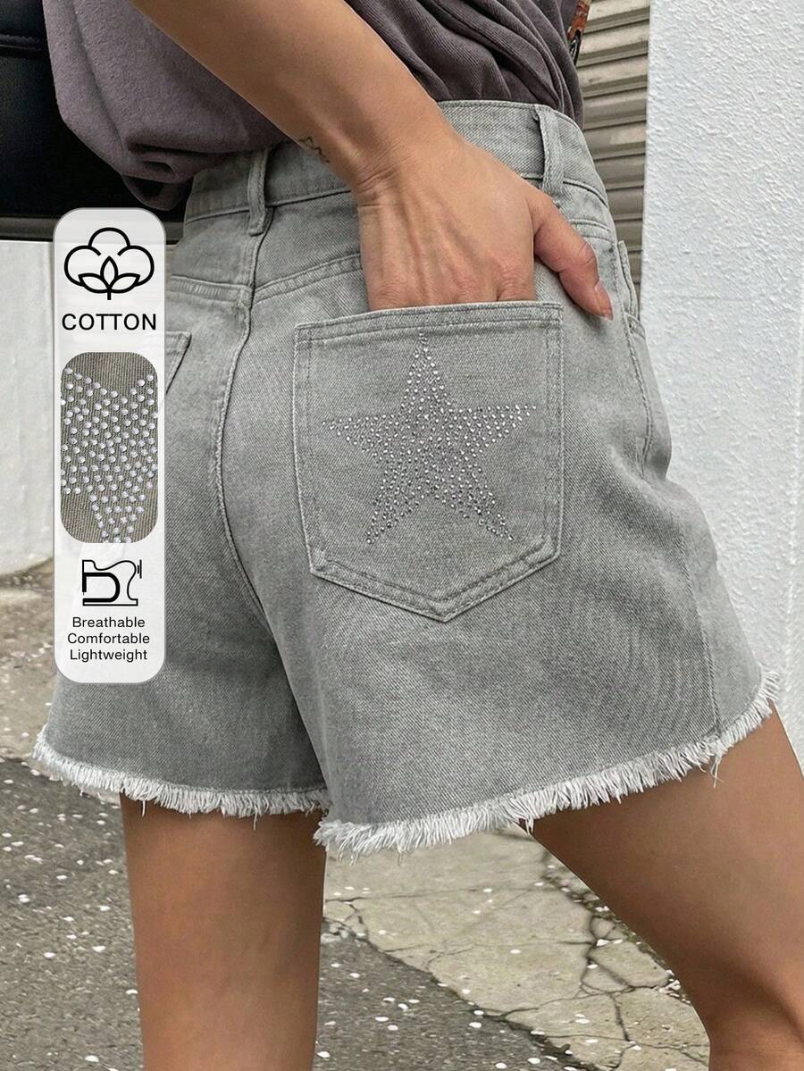 DAZY Quần short denim màu xanh lá cây kiểu dáng nghỉ mát, họa tiết ngôi sao đính đá lấp lánh, viền tua rua dành cho nữ, thích hợp cho mùa hè. - màu xanh lá - Xem 1