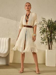 Bóhologie Áo kimono nữ có chi tiết bèo nhún, thích hợp mặc đi biển. - Màu be - Xem 7