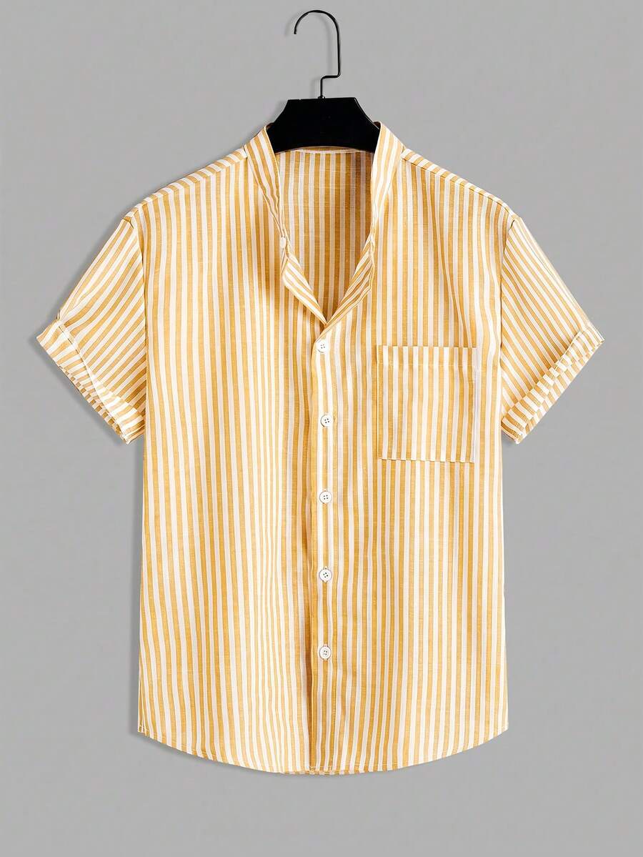 Manfinity Homme Men's Casual Striped Short Sleeve Shirt, Summer - Yellow - View 1