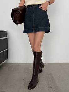 DAZY Chân váy denim ngắn dáng suông mùa hè dành cho nữ - Rửa tối - Xem 3