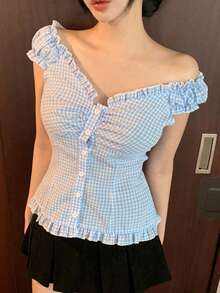DAZY 女士荷叶边单排扣格子衬衫 夏季 - 藍色 - 查看 5
