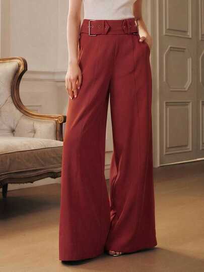 Anewsta Spring High Waist Fashionable Decorative Button Loose Wide Leg Women Pants