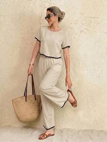 SHEIN Frenchy Women's Vacation Casual Contrast Trim Top And Pants 2 Pieces Set - Apricot - View 5