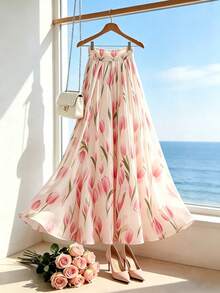 SHEIN Franclia Chân váy nữ kiểu Pháp lãng mạn in hình hoa tulip, dáng suông, thích hợp cho kỳ nghỉ. - Hồng - Xem 7